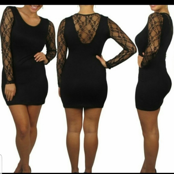 Black tshirt mini bodycon dress tunic lace sleeves - Picture 2 of 2